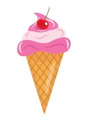 Ice Cream cone icon flat cartoon style. Ice Cream with cherries. Isolated on white background. Vector illustration, clip art