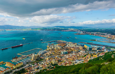 Aerial view of Gibraltar, algeciras bay and la linea de la concepcion taken from the upper rock.