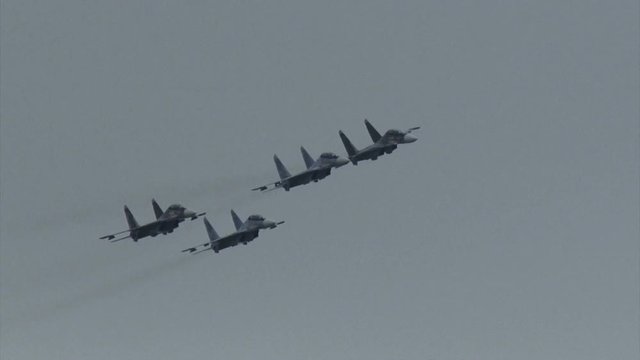Russian military fighter in flight in the sky