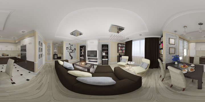 3d illustration spherical 360 degrees, seamless panorama of living room and kitchen interior design.