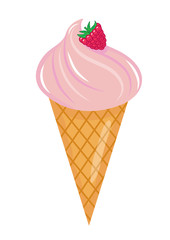 Ice Cream cone icon flat cartoon style. Ice Cream with raspberries. Isolated on white background. Vector illustration, clip art
