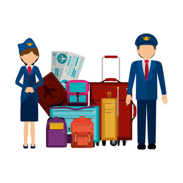 Pilot stewardess and baggage icon. Airport travel trip and tourism theme. Isolated design. Vector illustration