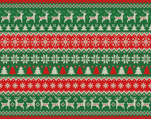 Merry Christmas and New Year seamless knitted pattern with Christmas balls, snowflakes and fir. Scandinavian style. Winter Holiday Sweater Design. Vector Illustration.