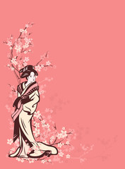 Obraz na płótnie Canvas spring season vector background with Japanese geisha and sakura
