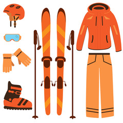 Winter equipment for ski resort: ski, poles, helmet, trousers, jacket, boots, goggles and gloves in orange