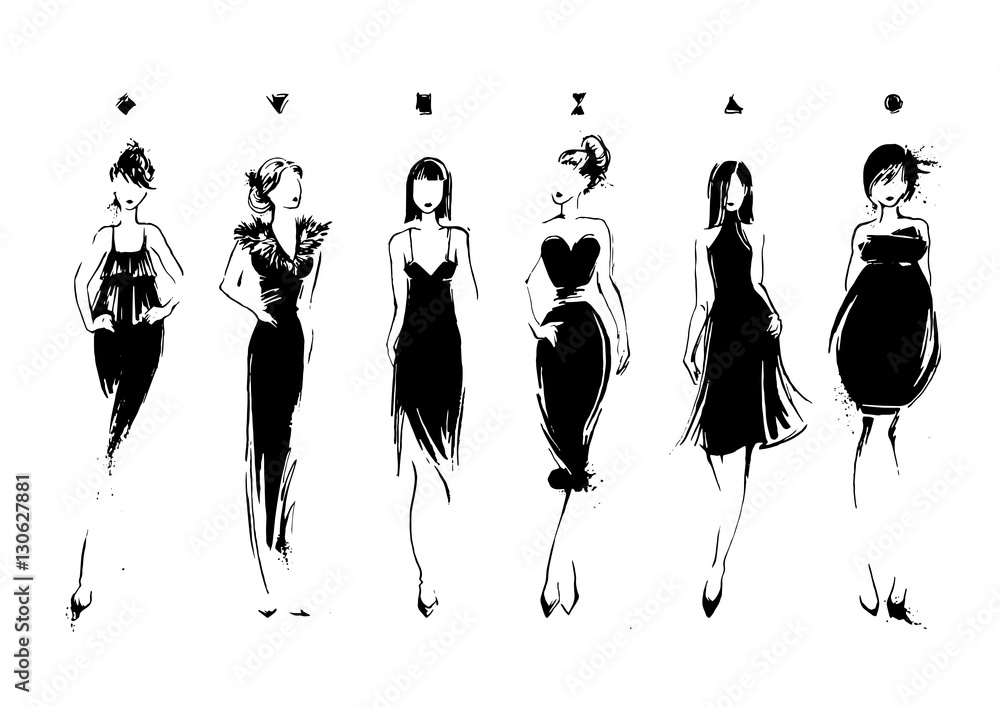 Wall mural Fashion models in sketch style. Collection of evening dresses. Female body types. Hand drawn vector illustration