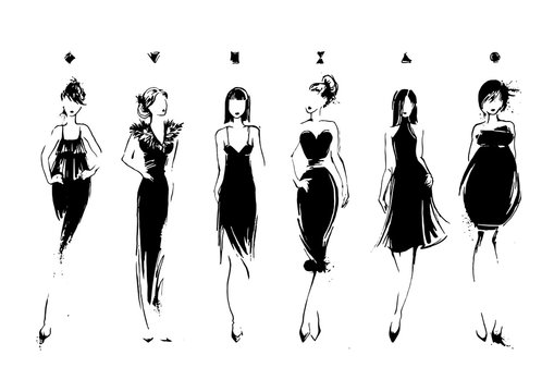 Fashion models in sketch style. Collection of evening dresses. Female body types. Hand drawn vector illustration