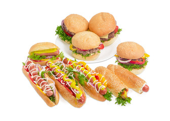 Several different hamburgers and hot dog on a light background