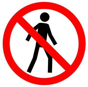  No walking traffic sign. Prohibited signs silhouette of walking man in a crossed circle isolated on white background.