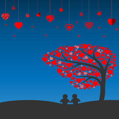 Night scene with silhouette lovely couple under the tree of heart vector icon