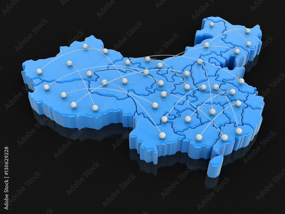 Poster map of china with flight paths. image with clipping path.