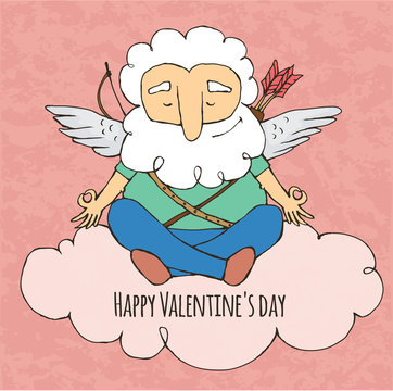Cupid funny Yogi. Sitting in yoga posture. Valentine's day