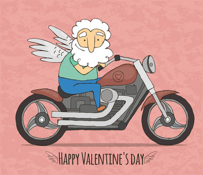 Cupid rides on a cool motorcycle
