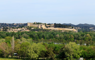 Fototapeta na wymiar Cardinal's castle in Avignon, France, on the other side of the Rhone.