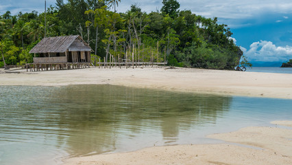 Empty Water Hut on Sand Bank between Kri Island and Monsuar. Raja Ampat, Indonesia, West Papua