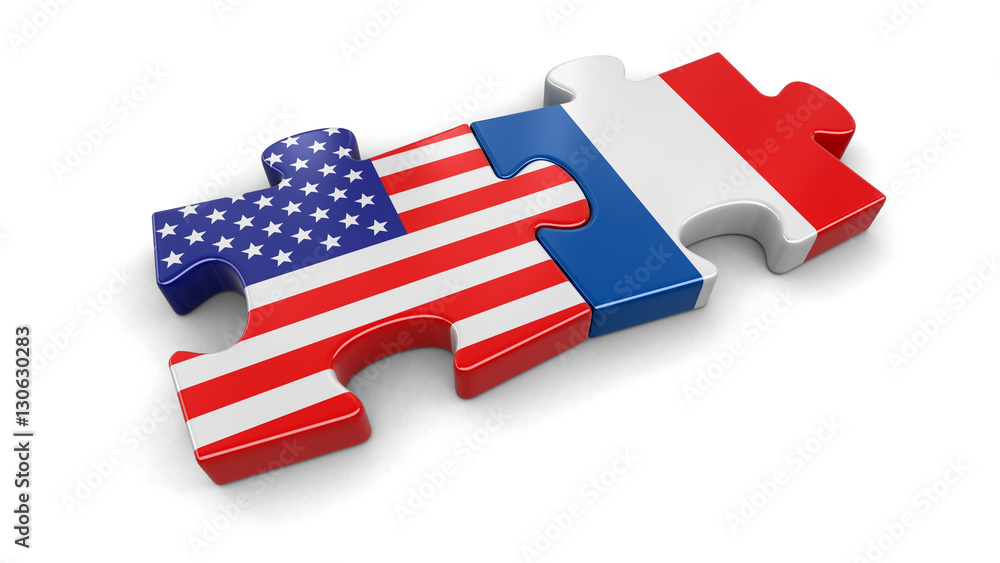 Poster usa and france puzzle from flags. image with clipping path