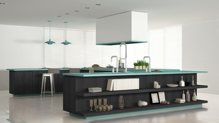 Minimalistic white kitchen with wooden and turquoise details, mi