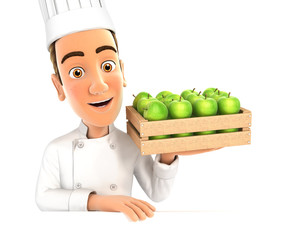 3d head chef holding wooden crate of apples