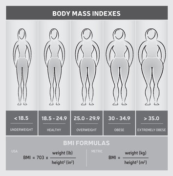 Diagramme Infographie Indice de Masse Corporelle IMC BMI en Anglais - Silhouettes - Cinq Classes et Formules de Calcul - Noir et Blanc