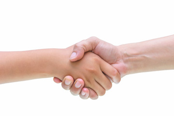 Closeup of hand shake man and woman isolated on white with clipping path
