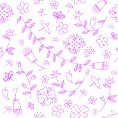 Hand drawing floral seamless pattern with birds. Surface textile design for woman clothes and swimwear.