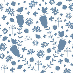 Floral seamless pattern with birds and and decorative elements. Surface textile design for woman clothes and swimwear. Vector illustration.