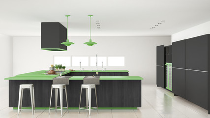 Minimalistic gray kitchen with wooden and green details, minimal