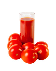 Glass with tomato juice and ripe  tomatoes isolated on white bacground