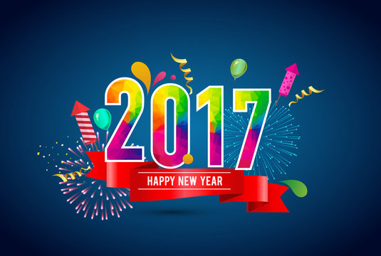Happy New Year 2017 design colorful background with ribbon, balloon and fireworks. Calendar template vector elements