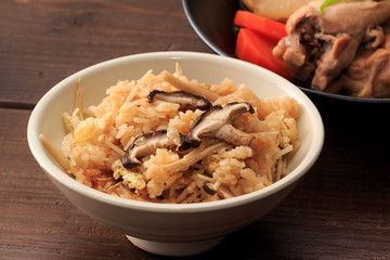 Japanese food, steamed rice with mushroom