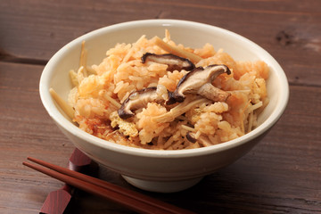 Japanese food, steamed rice with mushroom