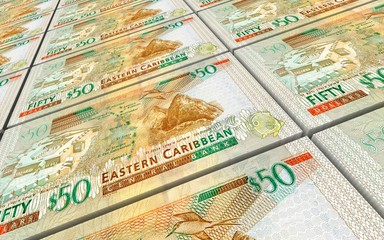 Eastern Caribbean dollar bills stacked background. 3D illustration.