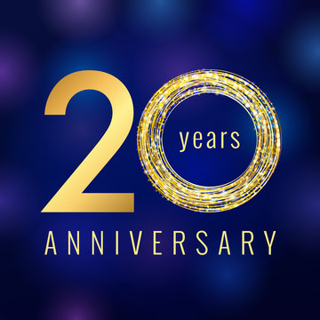 Anniversary 20 years golden vector logo. Birthday greeting card with shining holiday icon on the blue abstract background.