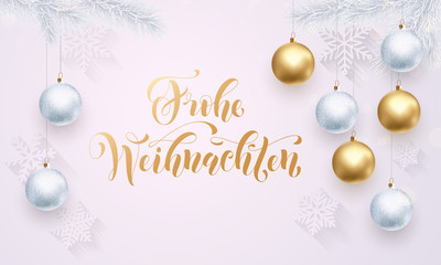 German Merry Christmas Frohe Weihnachten white pattern golden calligraphy lettering