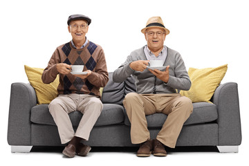 Joyful seniors with cups sitting on a sofa