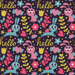 Seamless cute pattern maked with rabbit  wings, flowers, hearts