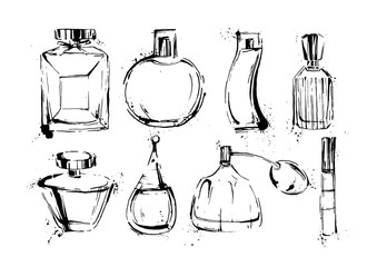 Perfume bottles set. Fashion sketch. Hand drawn vector illustrations.