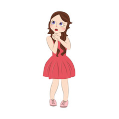 Cute little girl clasped her hands in astonishment. Cartoon character for apparel or other uses in vector. T-shirt print or Book illustrations for children. Isolated on white background.