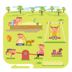 Obraz premium Playground infographic elements vector flat illustration, children play on the outdoors, in the sandbox, boys and girls go for a drive on a swing. Funny cartoon character. Vector illustration