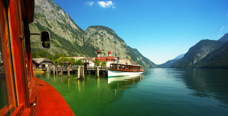 View of st Bartholoma church from the lake of Königsee, Berchtesgaden National Park, Germany