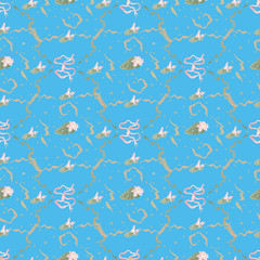 Lily, lotus flowers leaves and pads grow among air bubbles. Vector seamless pattern on blue background