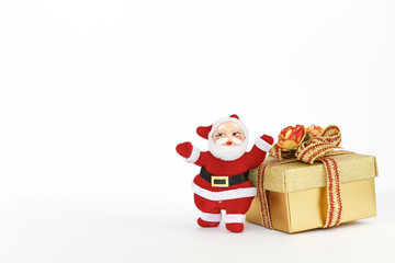 Santa Claus and Christmas gift box on white background