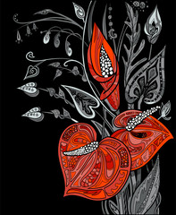 Decorative doodle bouquet on a black background. Hand drawn color flowers doodle. Illustration for tattoo or print on t-shirt.