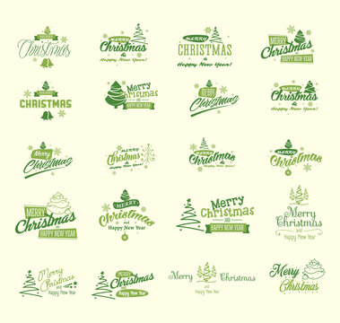 Merry christmas and happy new year greenery signs set.