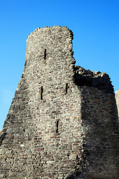 Tower of Carmarthen Castle in Carmarthenshire,Wales, UK is a 12th century ruin which overlooks the River Twyi dominating the medieval town