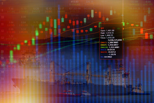 Double exposure of stocks market chart concept with International Container Cargo ship in the ocean, Freight Transportation, Shipping, Nautical Vessel