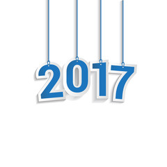 Happy New Year 2017, hanging text colored blue isolated on white background. Greeting card template. Vector illustration.