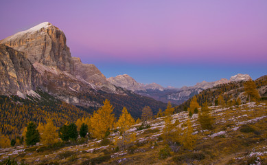 Scenic view of the Tofane mountain range at twilight. Dolomites, Italy