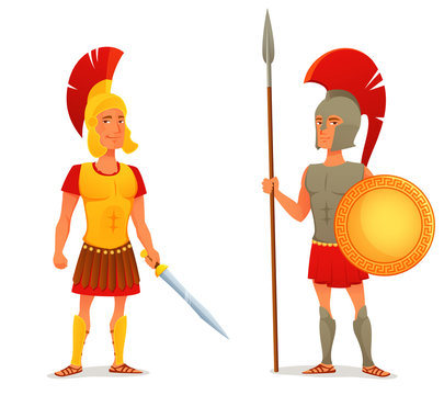 cartoon illustration of ancient Roman and Greek soldier