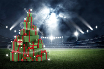 3d present boxes, christmas tree concept in the stadium - Powered by Adobe